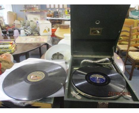 A His Masters Voice Nields gramophone, together with vintage Decca, His Masters Voice and Columbia records 
