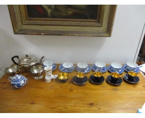 Ceramics and silver plate to include teaware, a silver plated three piece teaset, a Dresden model boat, Japanese tea cups and