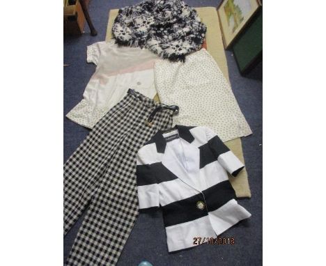 A vintage Louis Feraud collection comprising a monochrome two-piece ladies' trouser outfit A/F size 10, a jacket size 40" che