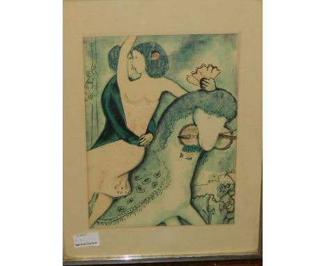 After to Marc Chagall (1887-1985). Study of gallant and companion on a pony, lithograph on paper. H: 36cm W: 23cm