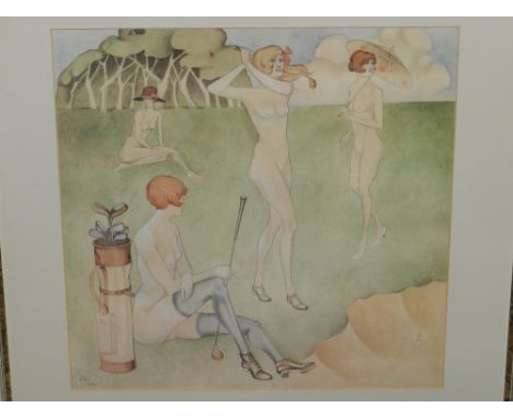 Contemporary Continental school. Study of nude ladies playing golf, lithograph on paper, limited edition 543/800. H: 39cm W: 
