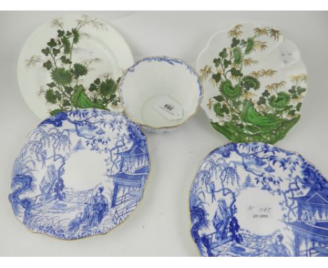 A Royal Crown Derby blue and white 'Chinoiserie' bowl, together with two Royal Crown Derby matching plates and two green and 