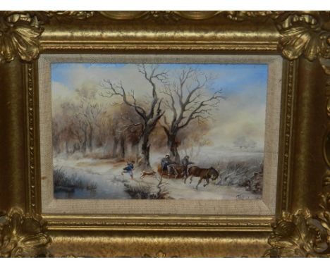 Early 20th century Continental school, 'Horse and Carriage Near River', oil on panel, signed lower right 'M. Toldy', within a