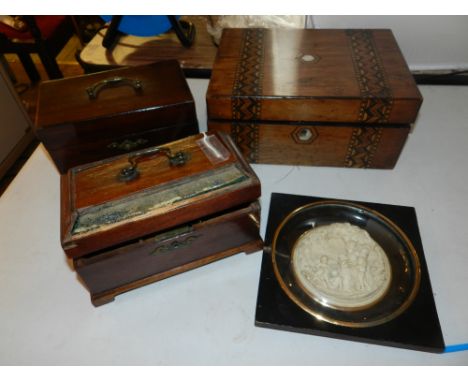 A George III mahogany teak bell top tea caddy, together with a George III mahogany tea caddy, a Victorian parquetry box, and 