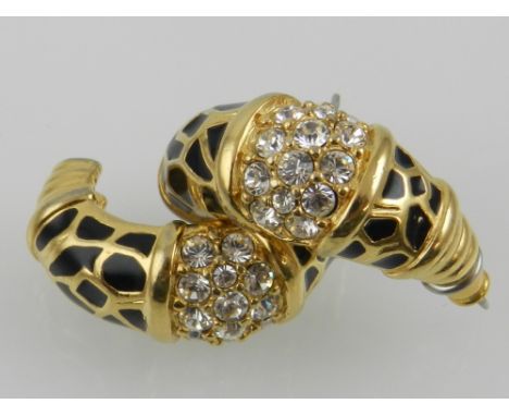 A pair of gilt metal earrings, honeycomb inlaid with black enamel, set with Swarovski crystals