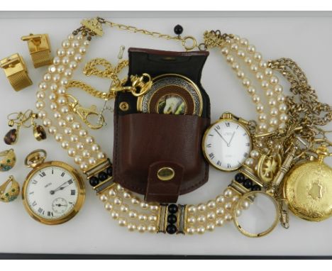 A collection of costume jewellery, to include a faux pearl necklace, various earrings, and four pocket watches, to include a 