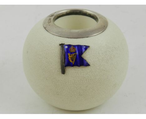 A silver mounted stoneware vesta of globular form, mounted with a white metal flag, enamel decorated with a symbol for the Ro