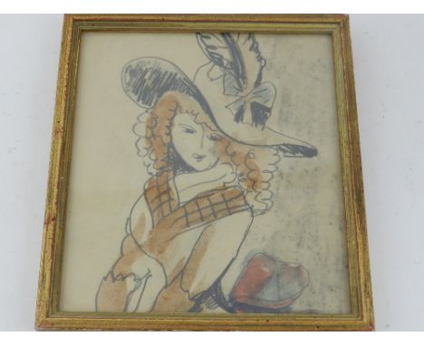 After Gainsborough, portrait of a lady, rendered in the impressionist manner, unsigned, charcoal, watercolour on paper. H.16.