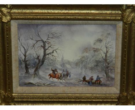 Early 20th century Continental school, 'Figures Near Village in Winter', oil on panel, signed lower right 'M. Toldy', within 