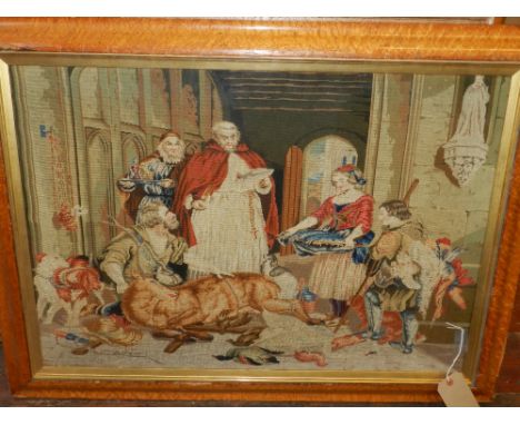 A 19th century Continental panel, depicting interior scene of a hunter's return.  H.60cm W.83cm