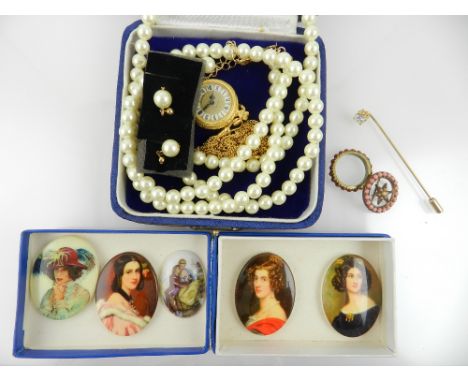 A collection of costume jewellery, to include a faux pearl beaded necklace and matching earrings, a fob watch and chain, a ye