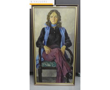 John Aubrey (Isabella Margaret Chalmers) Full length portrait of a woman seated, wearing a blue scarf and purple trousers, oi