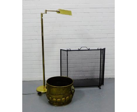 A brass coal bucket with a Viking longship pattern and lion mask ring handles to side together with a black iron spark guard 