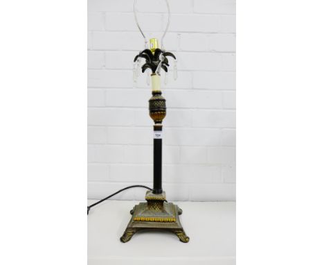 A patinated metal knop stemmed table lamp with hanging lustres, 50cm high excluding light fitting 