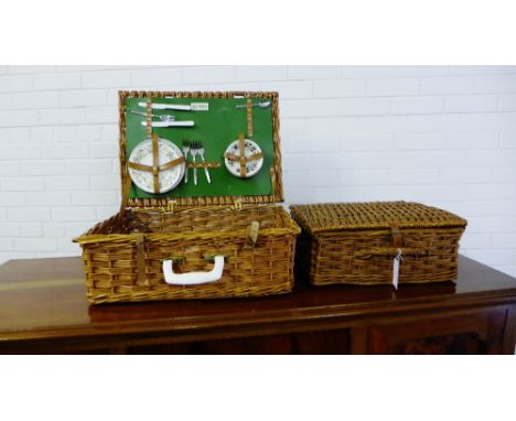 A Sirram wicker picnic basket containing picnic set together with another smaller wicker basket (2) 