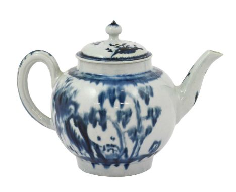 A William Reid Porcelain Teapot and Cover, circa 1758, painted in underglaze blue with the Fir Tree and Rock pattern, 14cm hi