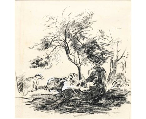 Eileen Soper RMS, SWLA (1905-1990) "Cubs playing around Eileen by the foot of the Hawthorn" Pencil and charcoal with bodycolo