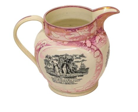 A Dixon &amp; Sons Sunderland Lustre Jug, circa 1820, printed en grisaille with SAILORS FAREWELL, THE MARINERS COMPASS and ve