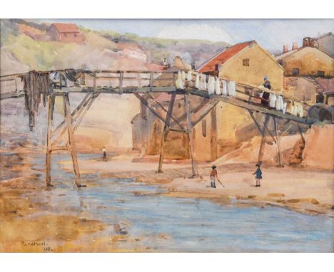 Fred Lawson (1888-1968) Footbridge, Staithes Signed and dated (19)08, watercolour heightened with white, 22cm by 31.5cm Condi