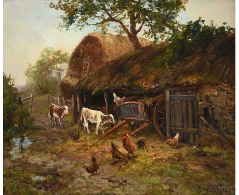 John Falconer Slater (1857-1937)Farmyard with calves and poultrySigned, oil on canvas, 49cm by 59cm Condition report: In over