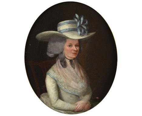 British School (18th/19th century)Portrait of an elegant lady, half-length seated wearing a powdered wig with a broad-brimmed