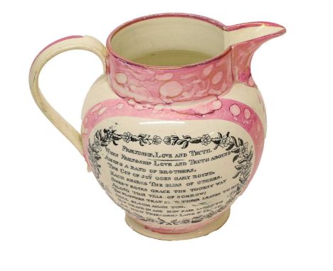 A Dixon &amp; Co Sunderland Lustre Pottery Jug, circa 1820, printed en grisaille with A West View of the Iron Bridge over the