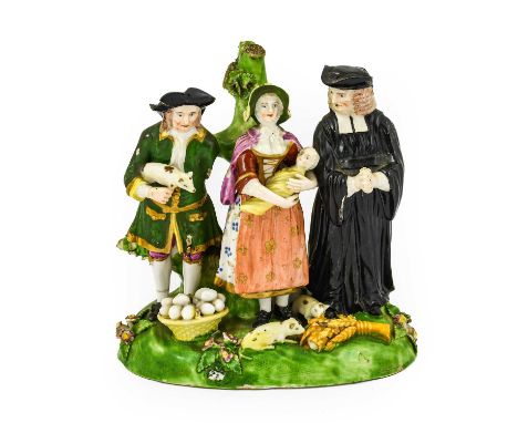 ^ A Derby Porcelain Tithe Pig Group, circa 1780, of traditional form, the three figures standing before a tree trunk on a mou