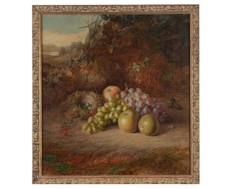 Charles Archer (1855-1931)Still life of grapes, apples and a birds nest in a landscapeSigned and dated 1875, oil on canvas, 5