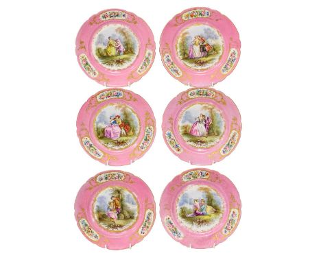 A Sevres-Style Porcelain Dessert Service, late 19th century, painted with Watteauesque figures in landscape on a pink ground 