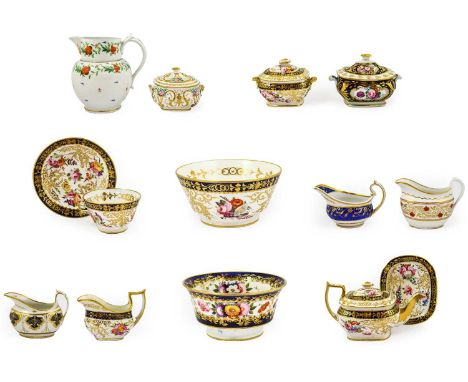 A Coalport Porcelain Tea Service, circa 1820, painted with flowersprays and gilt with sprigs within blue and gilt borders, co