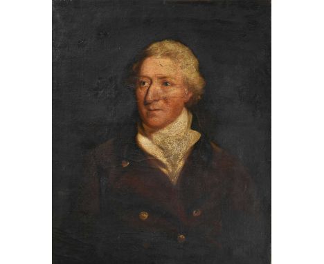 British School (19th century) Portrait of a gentleman, half length, wearing a brown jacket with large gold buttons and a whit