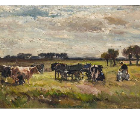 Owen Bowen ROI, PRCam A (1873-1967) Milking TimeSigned (partially obscured by the frame), inscribed No.51 to stretcher verso,