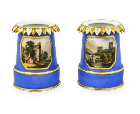 A Pair of Derby Porcelain Vases, circa 1820, of tapering cylindrical form with everted stiff leaf rims, painted with names vi