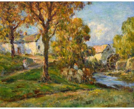 Owen Bowen (1873-1967)Horses watering beside a millSigned, oil on canvas board, 39cm by 48.5cmCondition report: In an overall