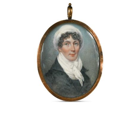 Circle of John Smart (British, 1741-1811) Portrait miniature of a lady in a black dress and white bonnet, said to be Susanna 