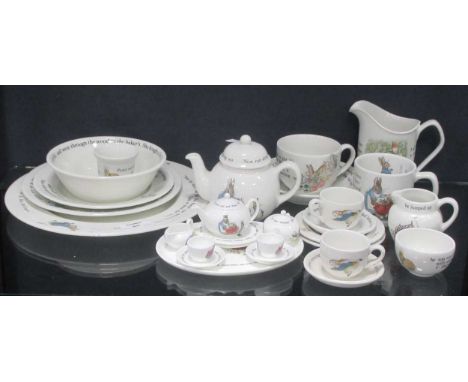 Wedgwood Peter Rabbit wares - serving plate, dinner plate, side plate, bowl, egg cup, tea cup and saucer, mug, milk jug; smal