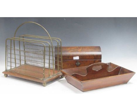 A Victorian walnut dome top tea caddy, a cutlery tray, an oak stationery box, and a brass table top letter rack (4)