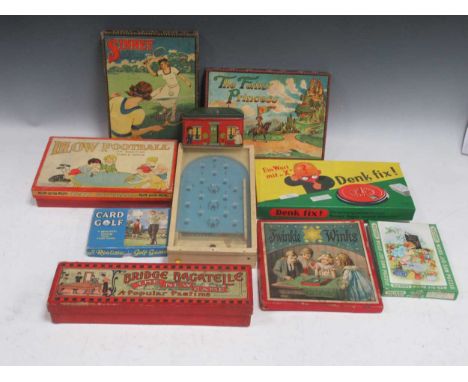 Old puzzles and games, including Bagatelle, Kreme Toffee tin, Jigsaws, Sinnet with playing board (no pieces), etc