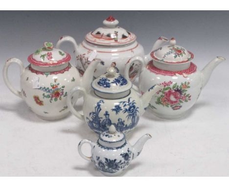 An 18th century Worcester blue and white teapot in mother and child pattern, a miniature teapot with restored lid, and three 