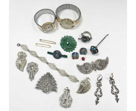 Two 9ct gold bar brooches, 4.2g gross, together with two 9ct gold Rotary wristwatches on rolled gold expanding bracelets and 