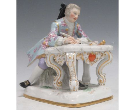 Early 19th century Meissen figure, figure seated at table with quill, pale blue floral jacket with blossom. Cabriole leg tabl