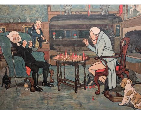 After Cecil Aldin (British. 1870-1935) A game of chess,Coloured lithograph,37cm x 59cm;With a further coloured lithograph tit