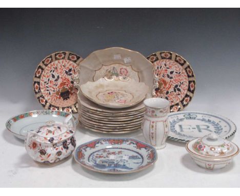 A Chinese K'ang Xsi Famille Verte plate, 22cm diameter (glued), another Oriental plate, large wash bowl, shaving dish, vase, 