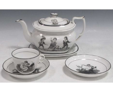 An early 19th century New Hall porcelain children playing and similar printed pattern wares - teapot and stand, cup and two s