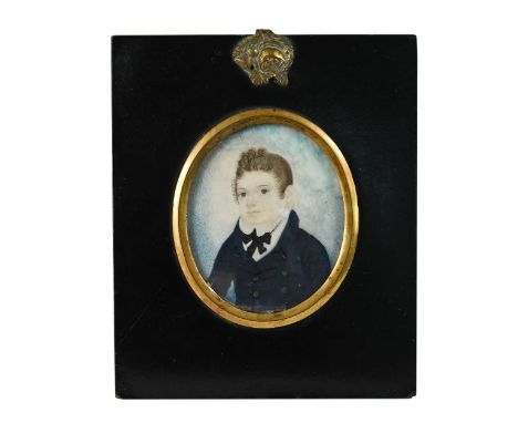 English School (19th century) Portrait of boy in a blue jacket, said to be Daniel Mainguythe reverse inscribed 'Daniel...Mang