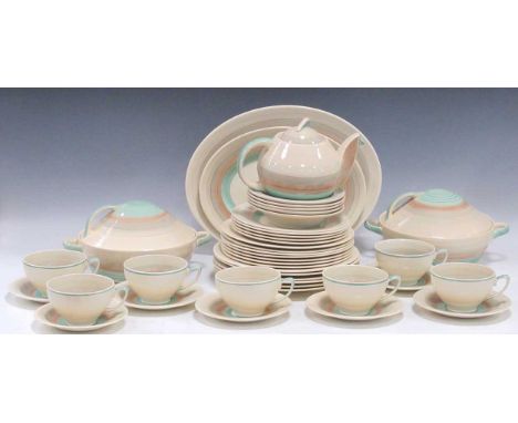 A Susie Cooper part dinner and tea service, banded pattern, with 7 cups, teapot, serving plates etc