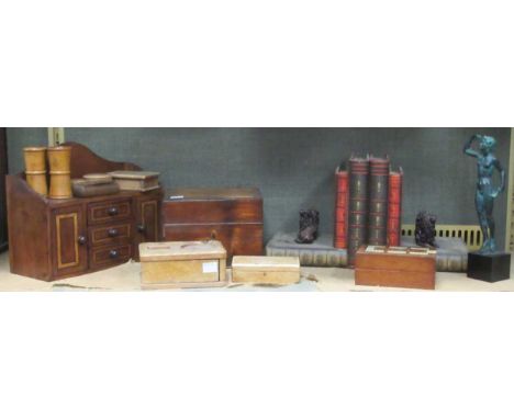 A small domestic medicine or 'apothecary' with six bottles to the interior, a miniature walnut dresser caddy, and various oth