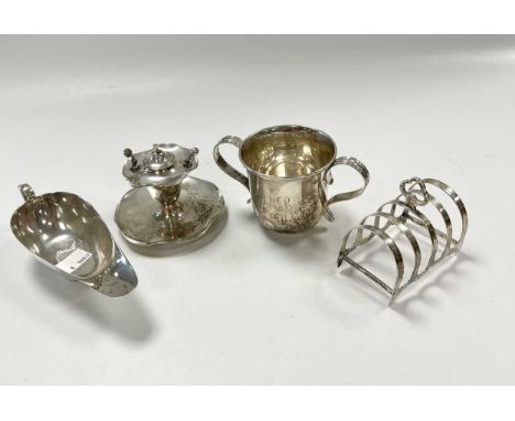A small collection of silverware including toast rack, sauce boat, two handled cup and weighted table cigar lighter, 208g (6.