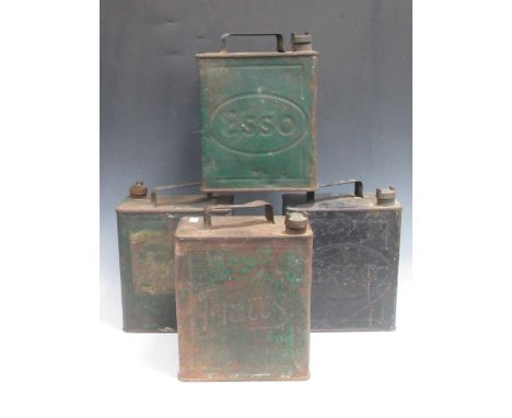 Four 20th century metal petrol cans, two Esso, one by Pratts. Approximate size 31.5 x 25 x 15cms (4)