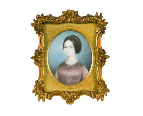 Continental School (19th century) Portrait miniature of a lady in a purple dress, wearing a portrait miniature of a male figu